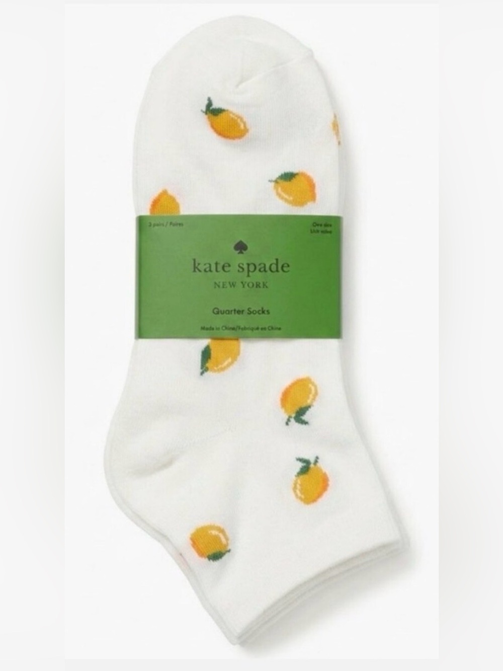 kate spade NWT 3-Pair Women One Size White/Lemon/Gray Pattern Quarter Socks